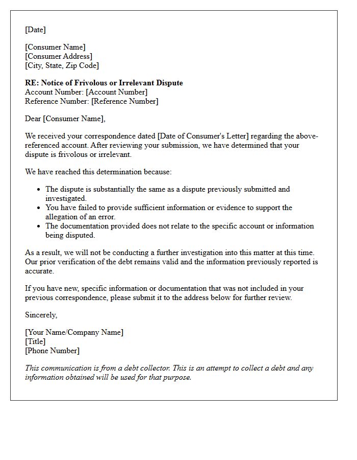Debt Collection Frivolous Dispute Notice Letter