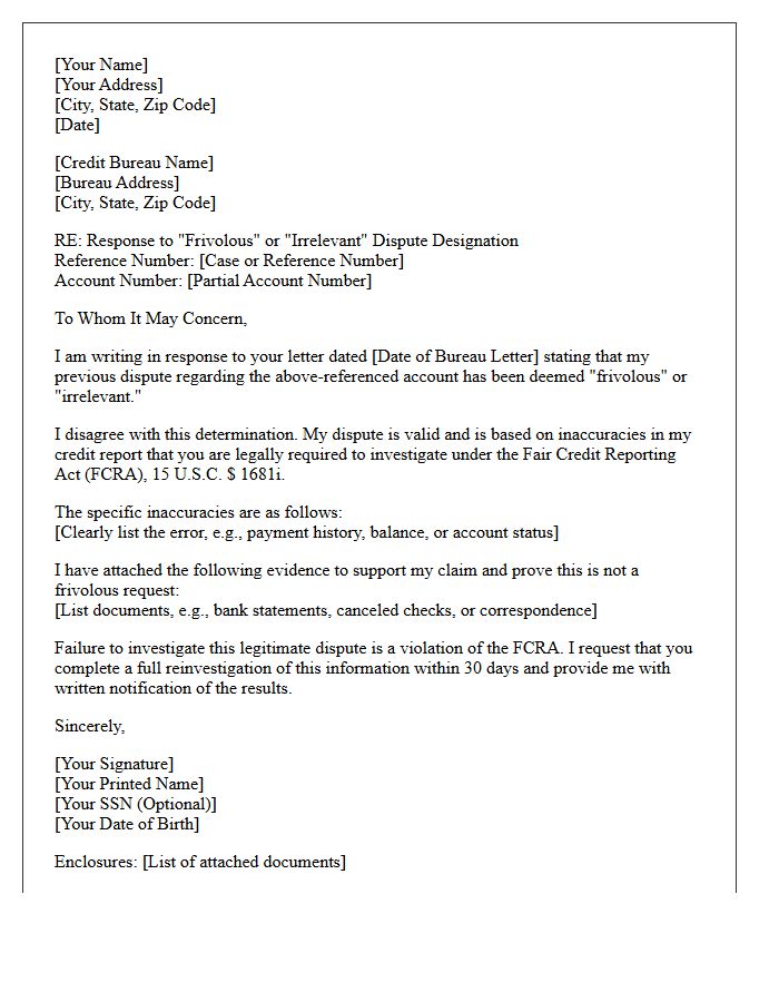 Frivolous Dispute Response Letter