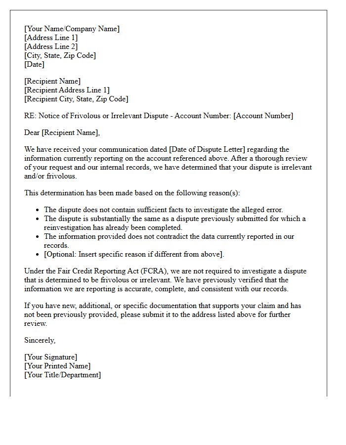 Irrelevant and Frivolous Dispute Response Letter