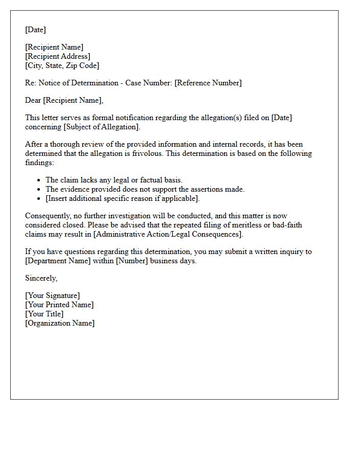 Letter of Determination on Frivolous Allegation