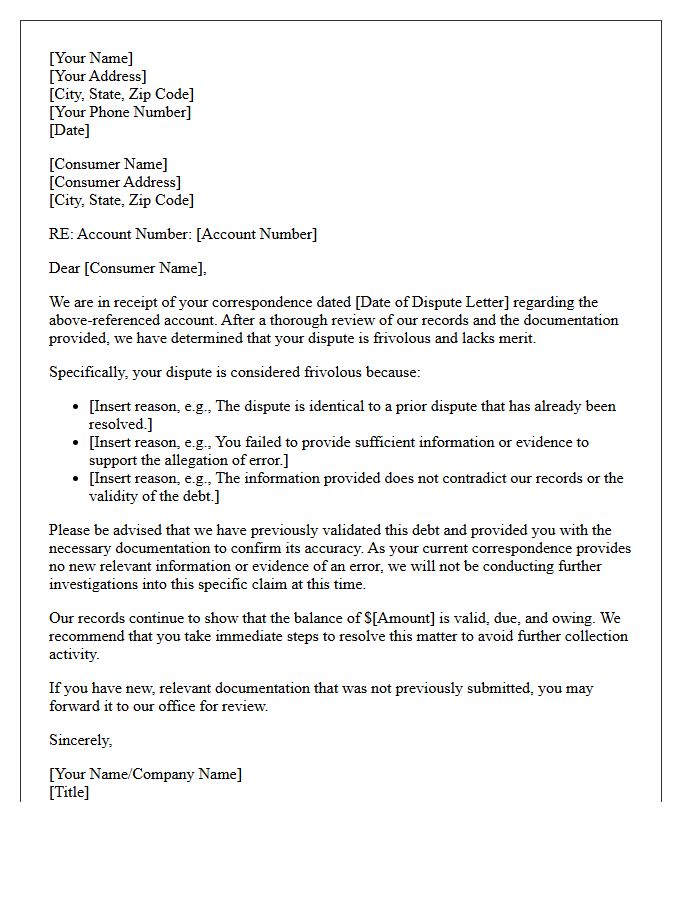 Letter Regarding Frivolous Dispute of Debt