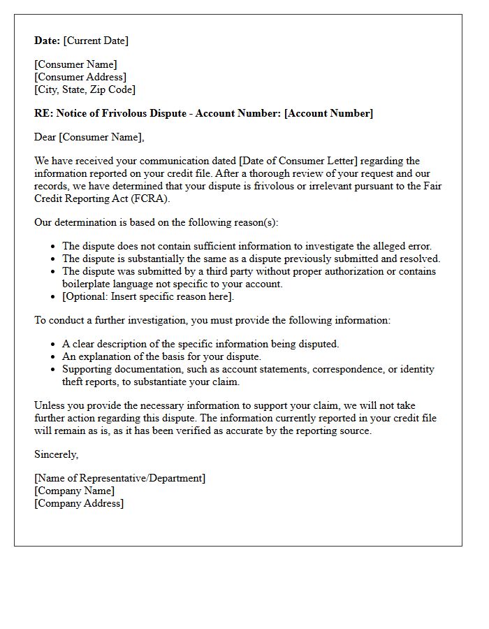 Notice of Frivolous Dispute Letter