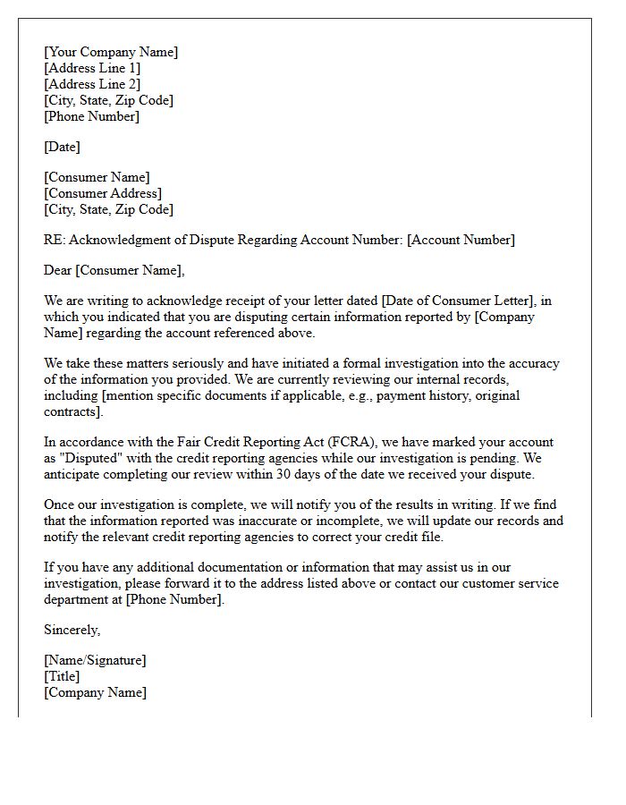 Acknowledgment of Disputed Original Creditor Information Letter