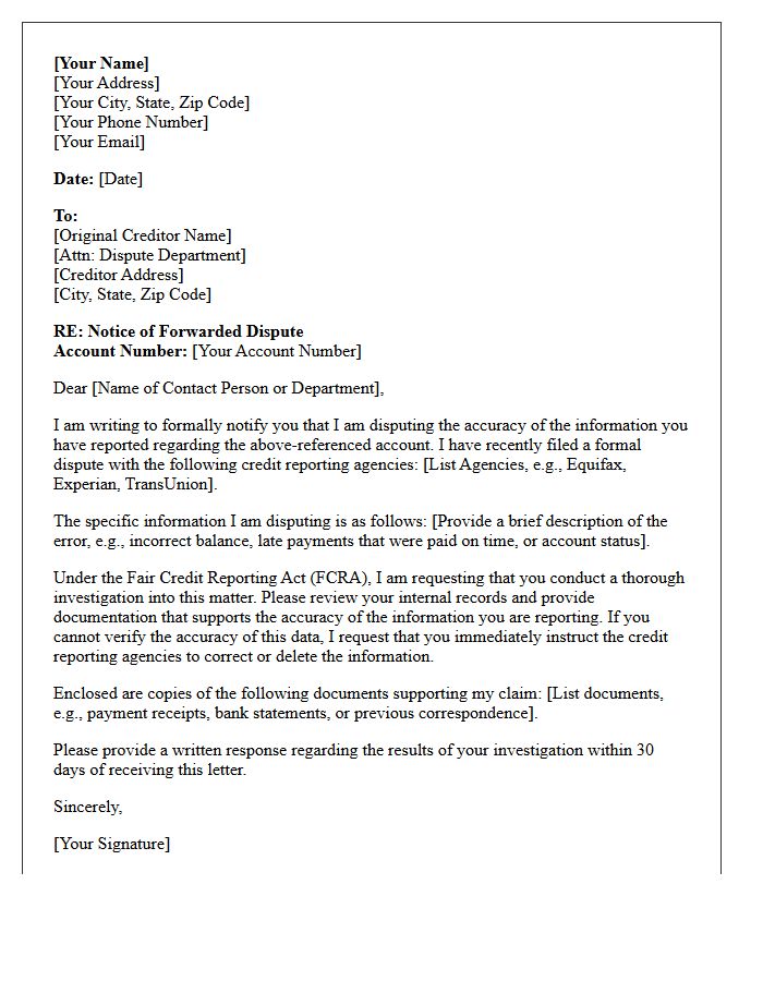 Forwarding of Consumer Dispute to Original Creditor Letter