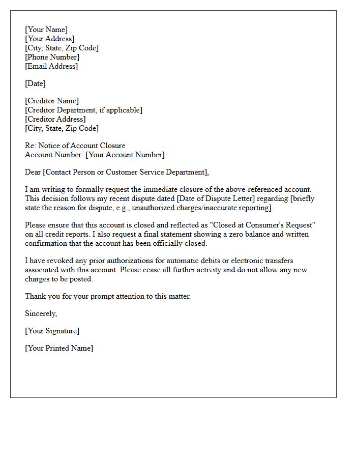 Notice of Account Closure Following Creditor Dispute Letter