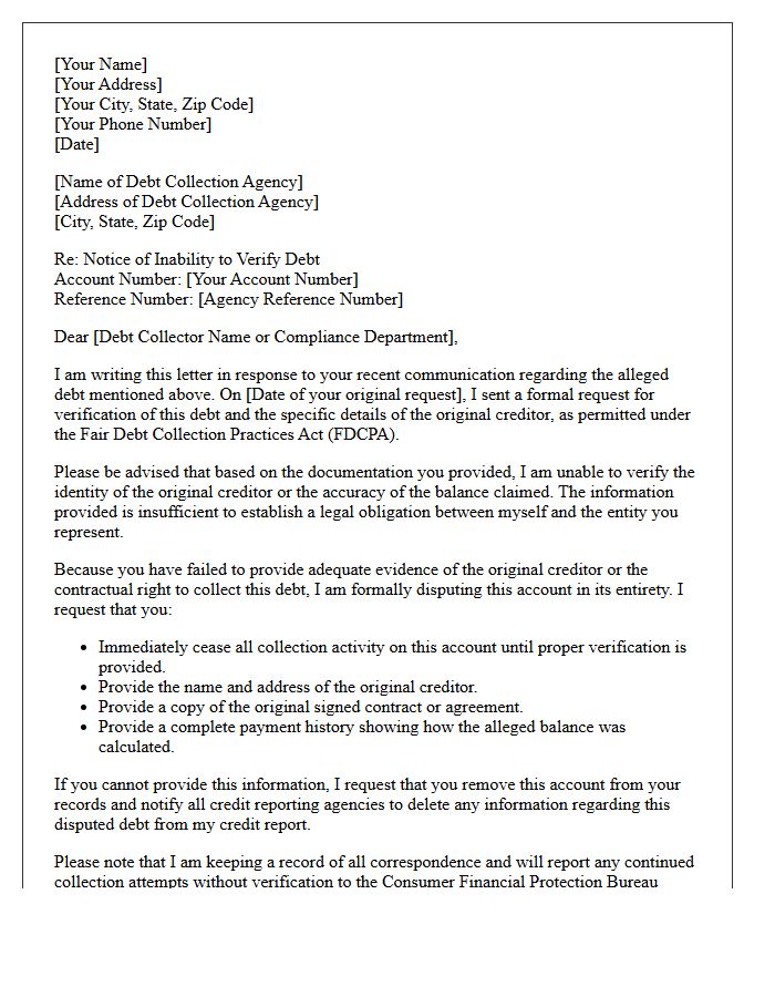 Notice of Inability to Verify Original Creditor Details Letter