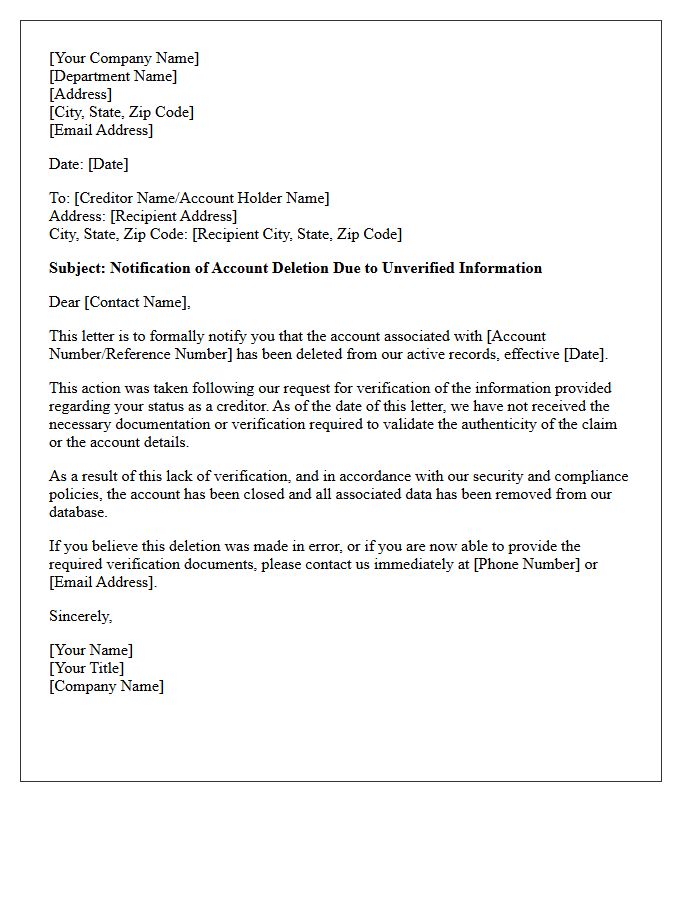 Notification of Account Deletion Due to Unverified Creditor Letter