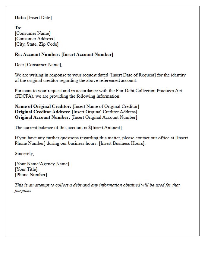 Provision of Requested Original Creditor Identity Letter