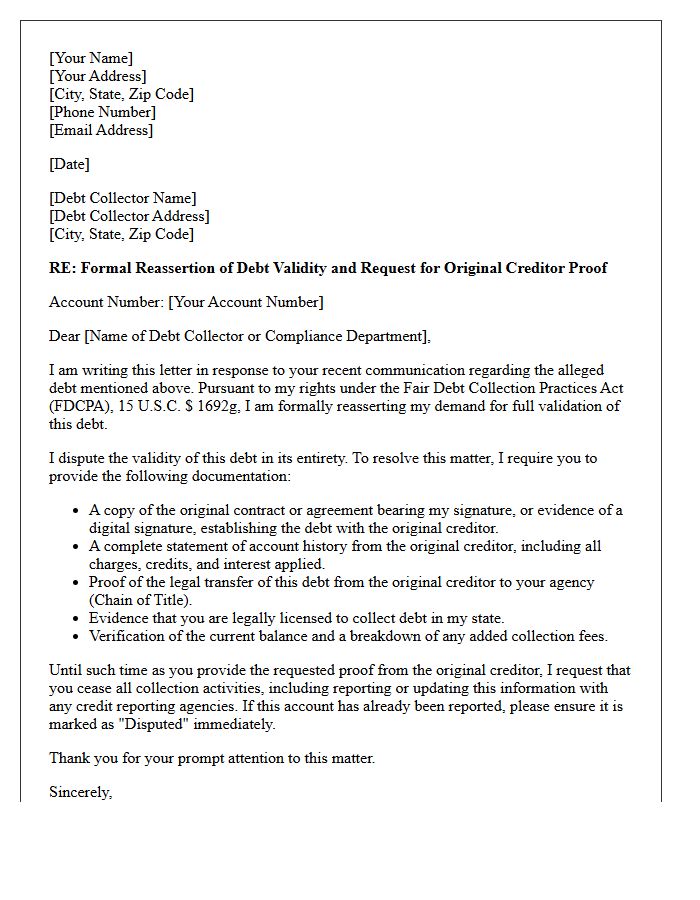 Reassertion of Debt Validity With Original Creditor Proof Letter
