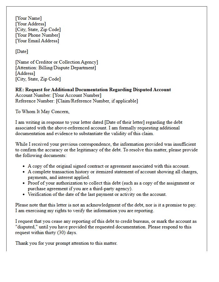 Request for Additional Documentation Regarding Disputed Creditor Letter