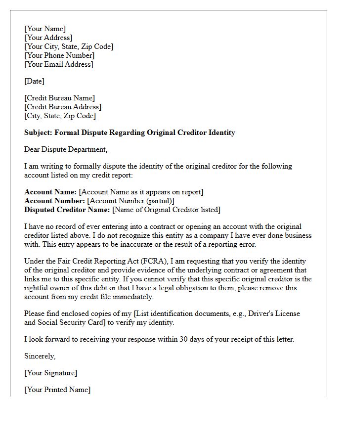 Resolution of Original Creditor Identity Dispute Letter
