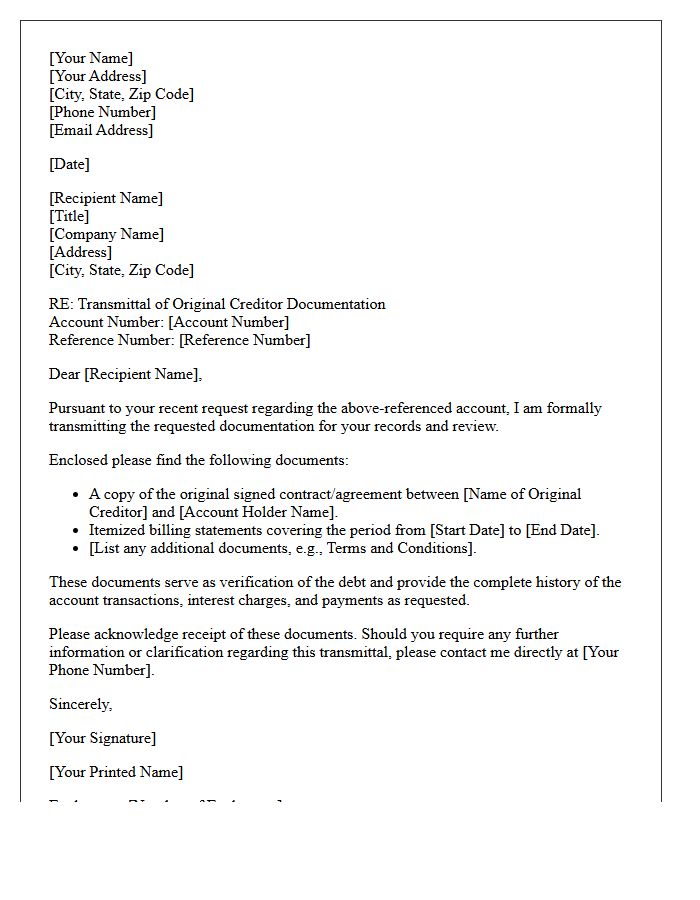 Transmittal of Original Creditor Contract and Statements Letter