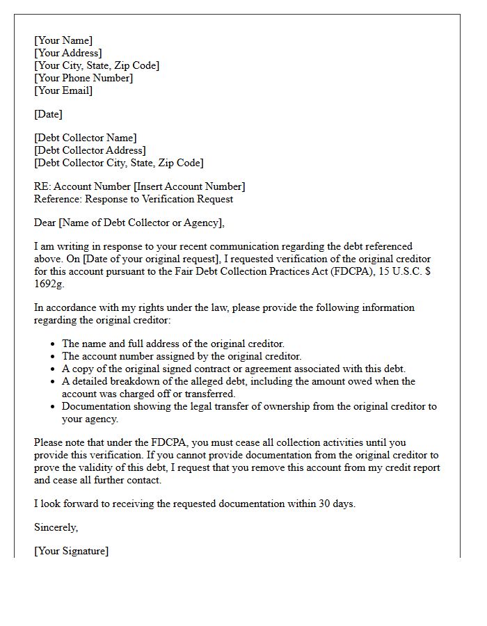 Verification of Original Creditor Information Response Letter