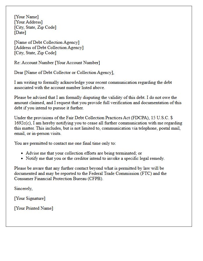 Acknowledgment of Dispute and Cease Communication Letter