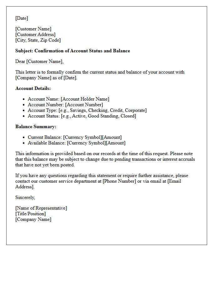 Confirmation of Account Status and Balance Letter