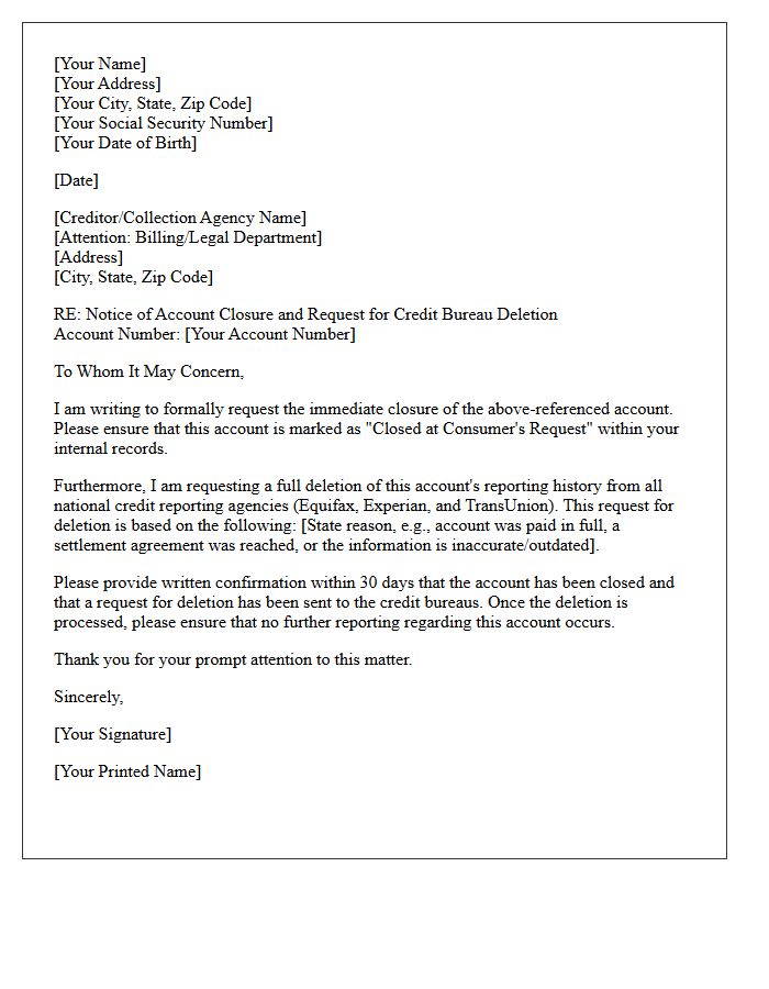 Notice of Account Closure and Bureau Deletion Letter