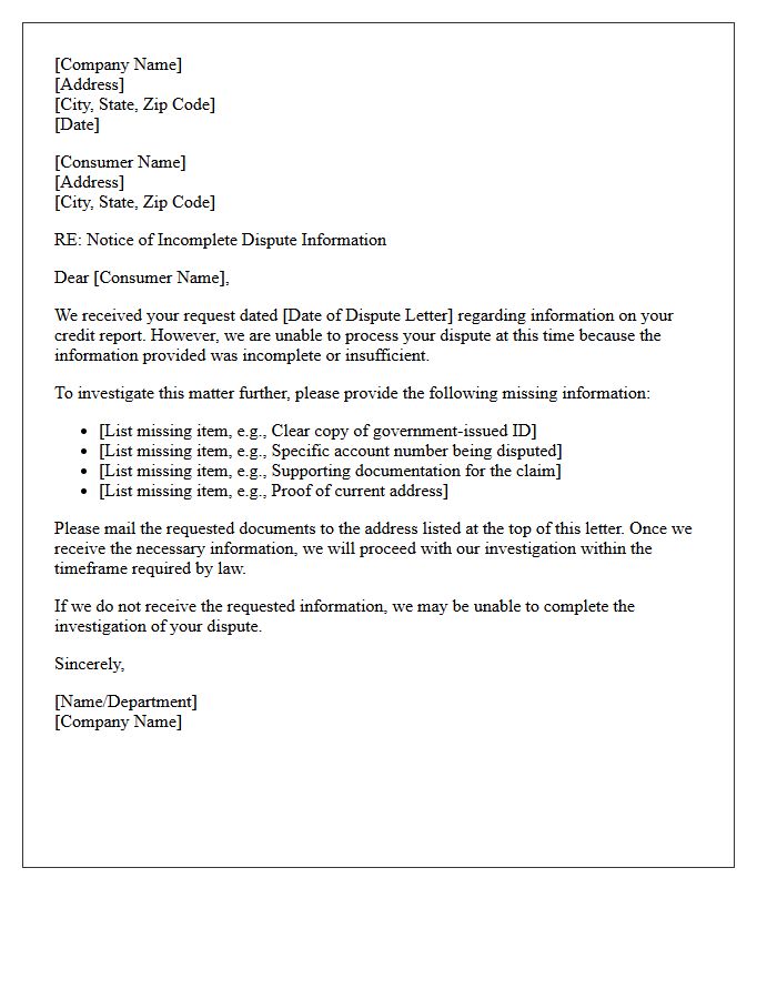 Notice of Incomplete Dispute Information Letter