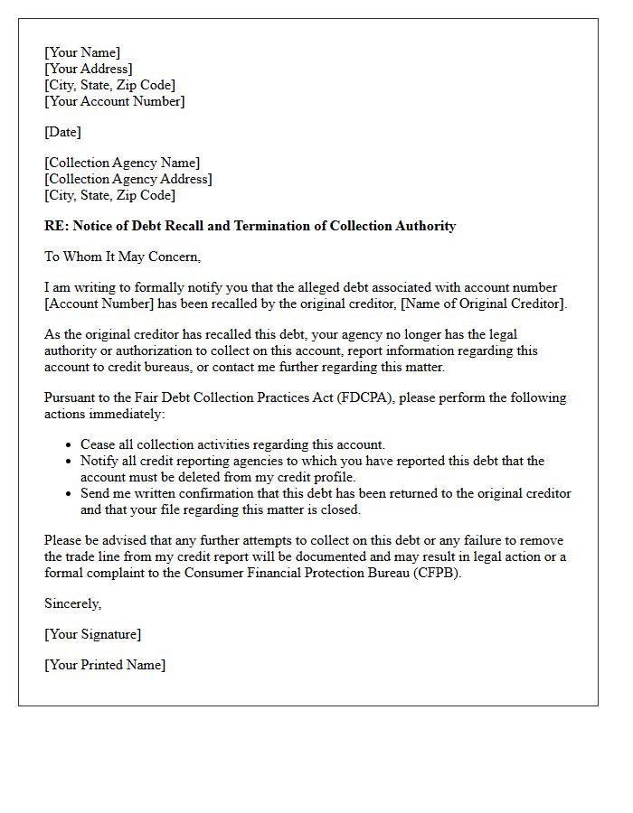 Notification of Debt Recall by Original Creditor Letter