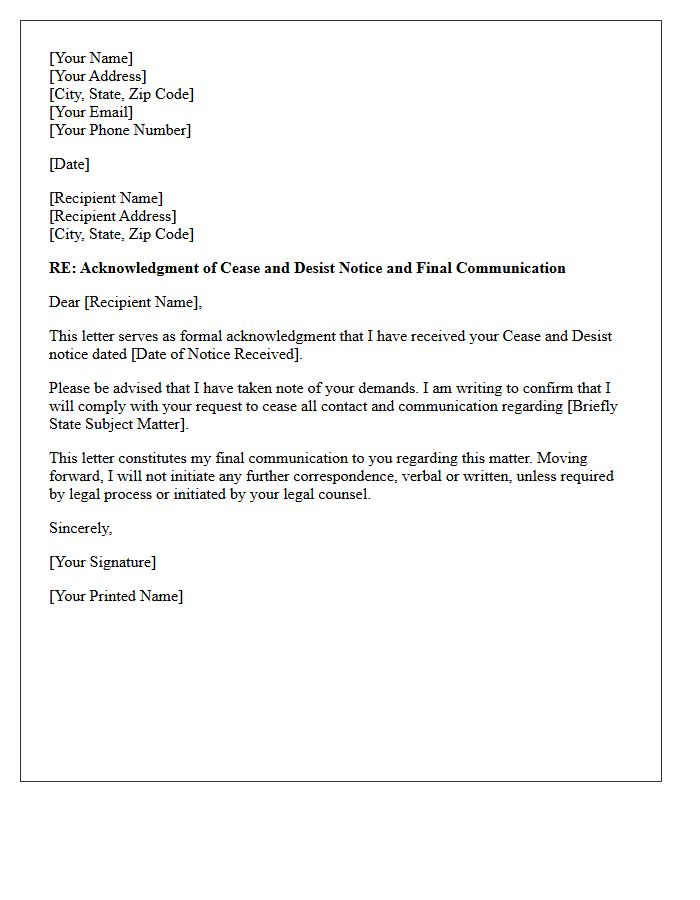 Acknowledgment Letter of Cease and Desist and Final Communication