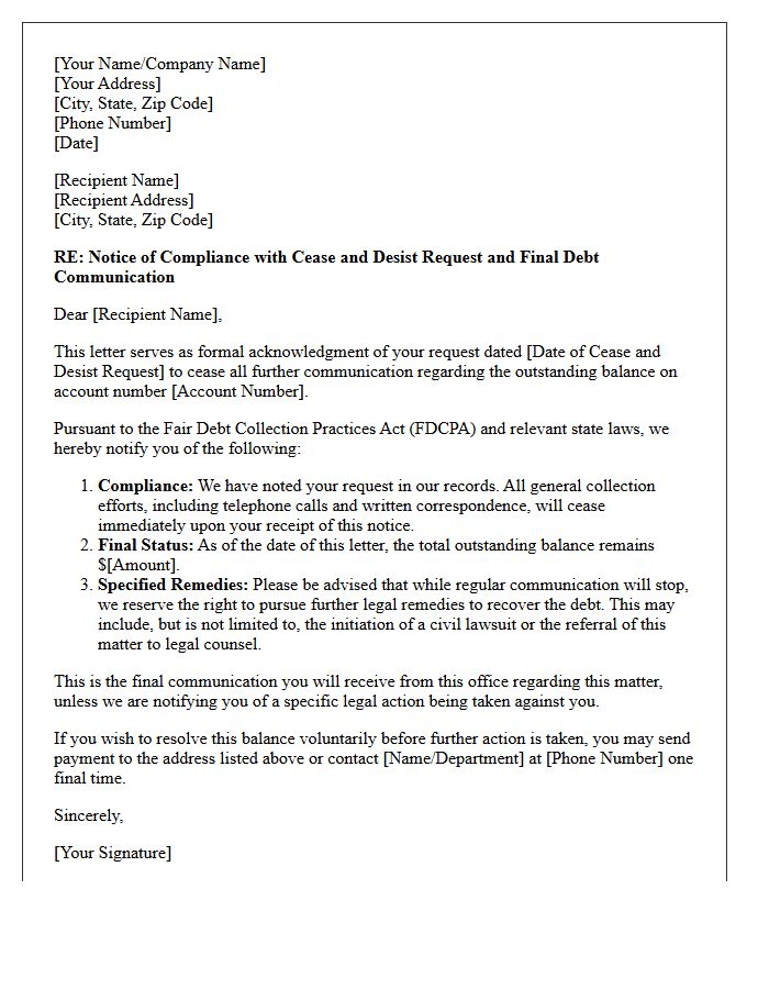 Cease and Desist Compliance and Final Debt Communication Letter
