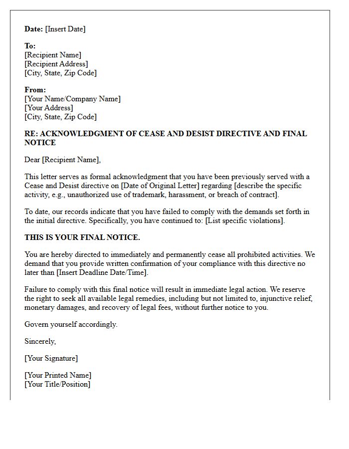 Cease and Desist Directive Acknowledgment and Final Notice Letter