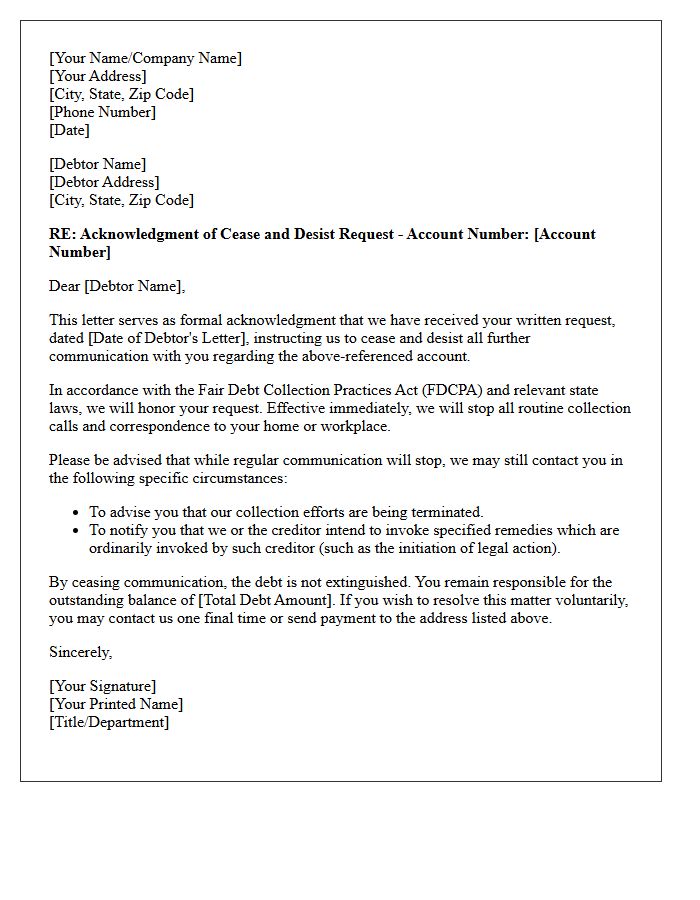 Debt Account Cease and Desist Acknowledgment Letter