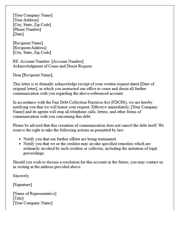 Debt Collection Cease and Desist Acknowledgment Letter