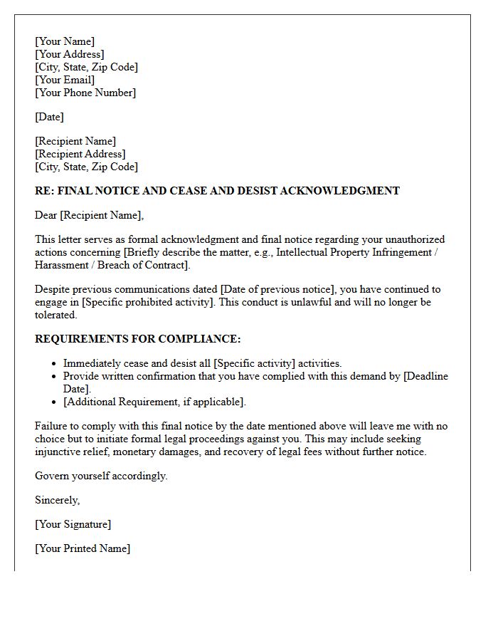 Final Notice and Cease and Desist Acknowledgment Letter