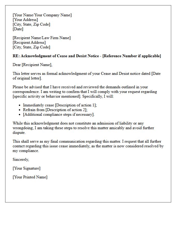 Official Cease and Desist Acknowledgment and Final Communication Letter