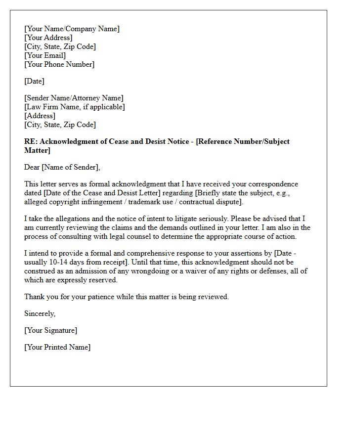 Acknowledgment Letter for Cease and Desist With Intent to Litigate Notice
