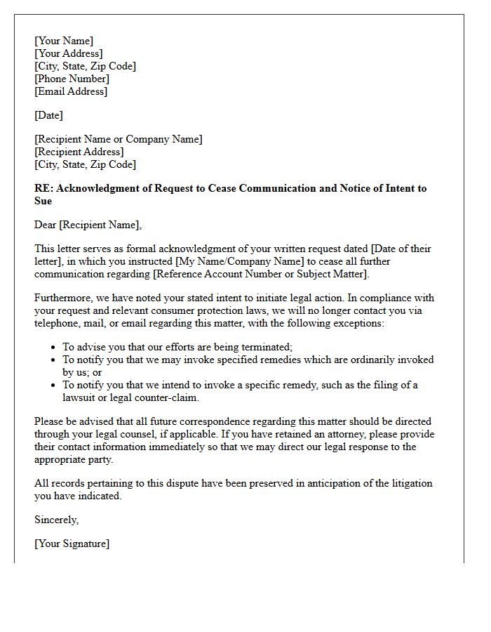 Acknowledgment Letter for Communication Cessation With Intent to Sue Notice