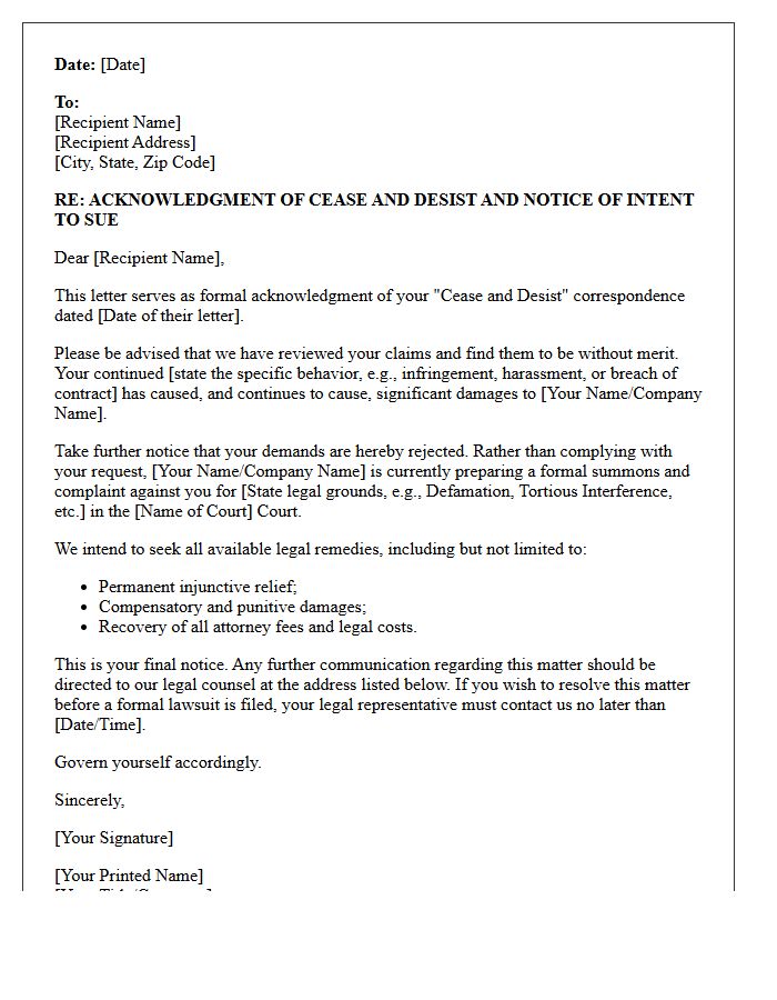Cease and Desist Acknowledgment and Notice of Intent to Sue Letter