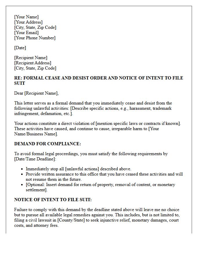 Cease and Desist Compliance Letter With Notice of Intent to File Suit