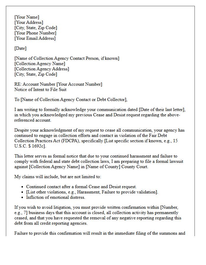 Collection Agency Cease and Desist Acknowledgment Letter With Notice of Suit