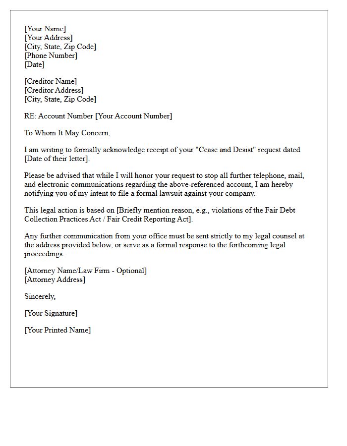 Creditor Acknowledgment Letter of Cease and Desist With Lawsuit Intent