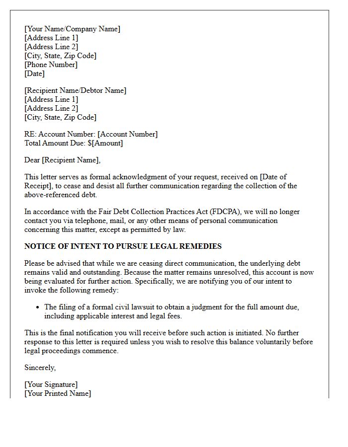 Debt Collection Cease and Desist Acknowledgment Letter With Legal Action Notice