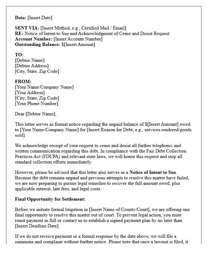 Debt Recovery Letter of Intent to Sue and Cease and Desist Acknowledgment