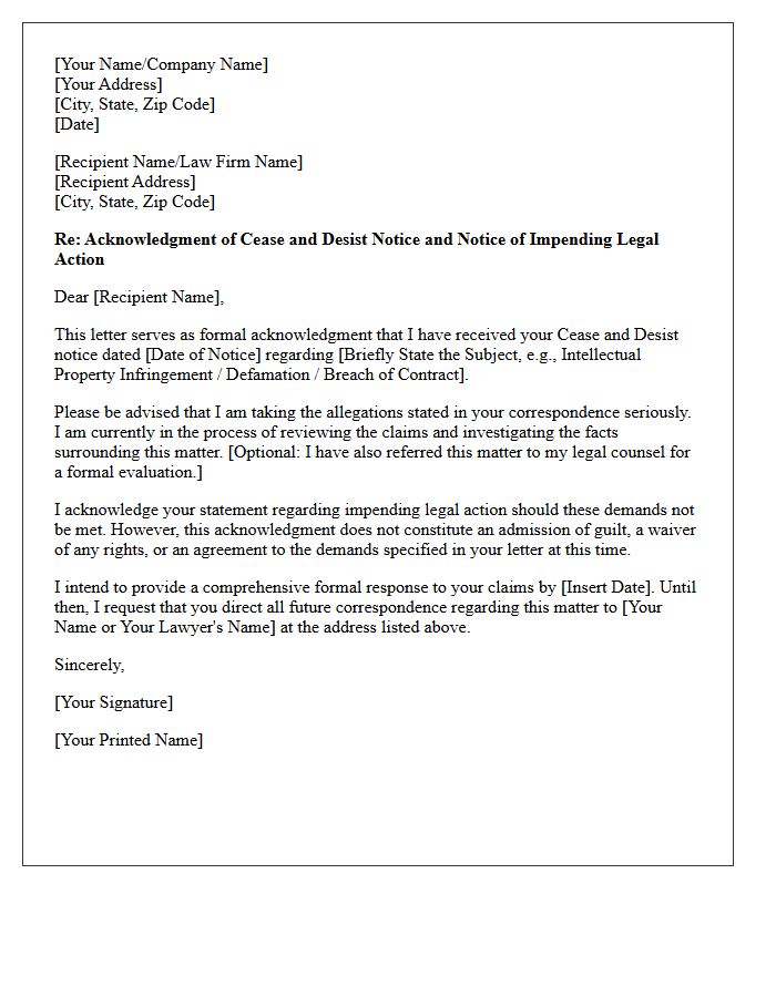 Formal Acknowledgment Letter of Cease and Desist and Impending Legal Action