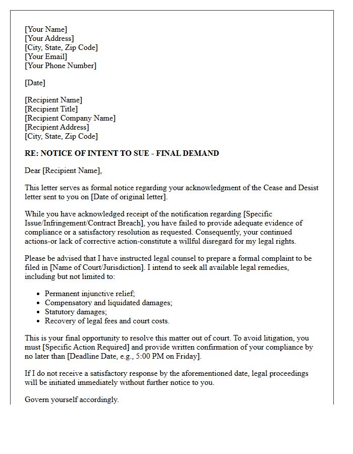 Intent to Sue Notification Letter Upon Cease and Desist Acknowledgment