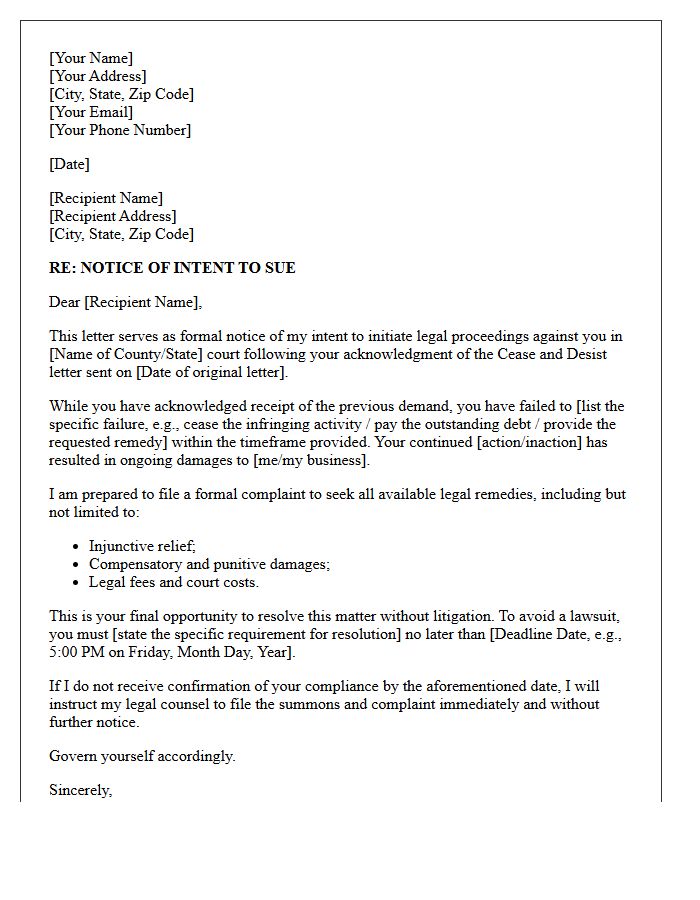Notice of Intent to Sue Letter Following Cease and Desist Acknowledgment