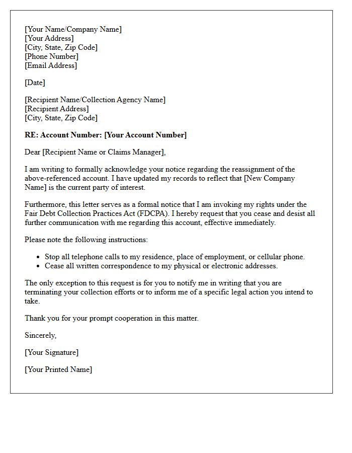 Account Reassignment and Cease and Desist Acknowledgment Letter