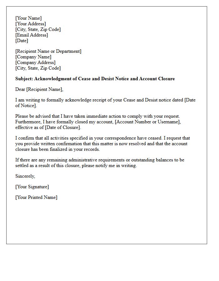 Acknowledgment Letter for Cease and Desist and Account Closure