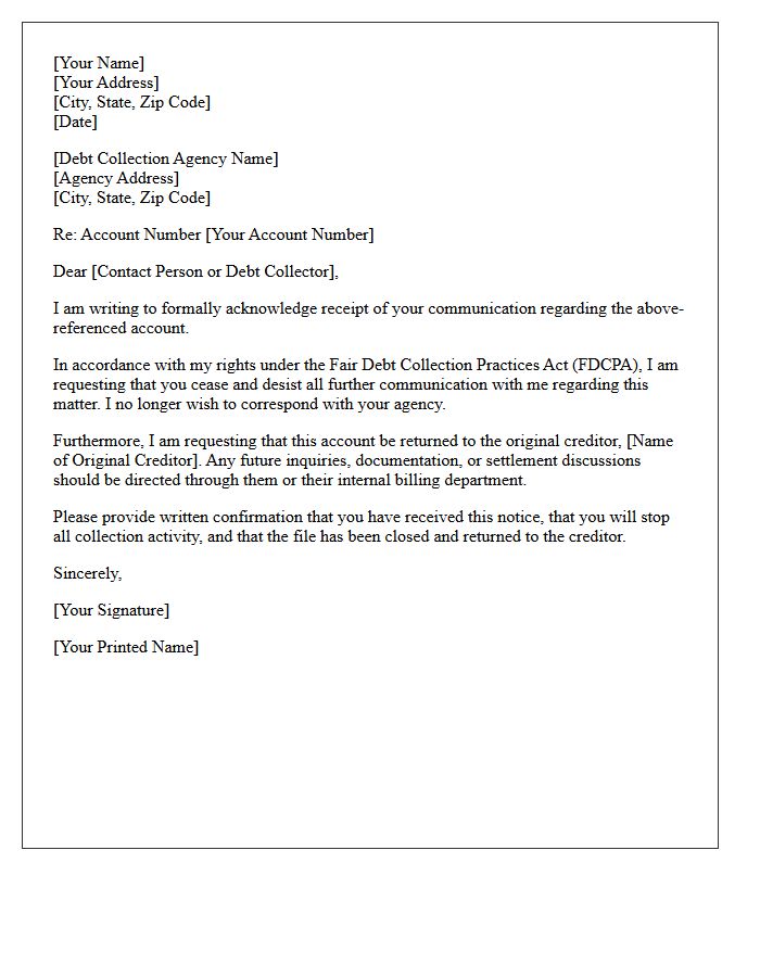 Acknowledgment of Cease and Desist and Return to Creditor Letter