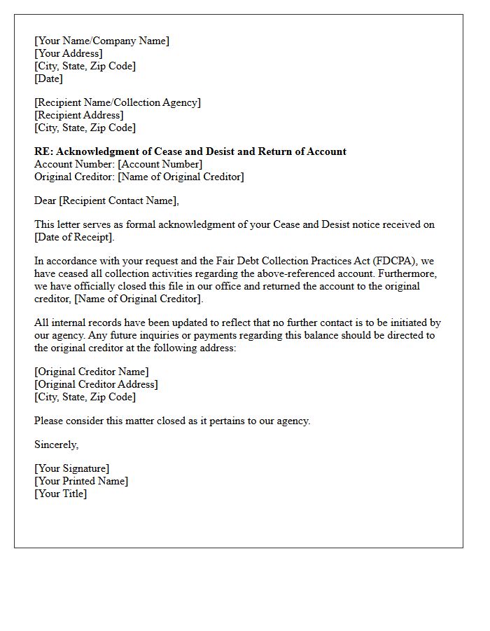 Cease and Desist Acknowledgment and Account Return Letter