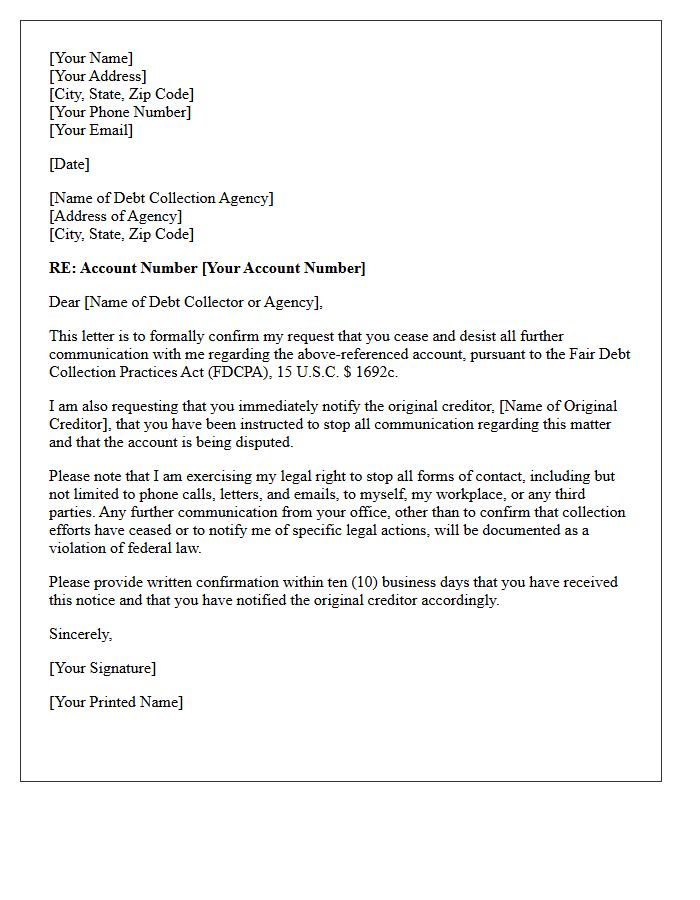 Cease and Desist Confirmation and Original Creditor Notification Letter