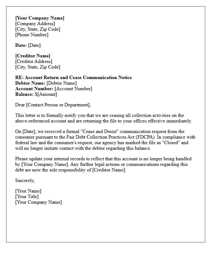 Cease Communication Acknowledgment and Creditor Return Letter
