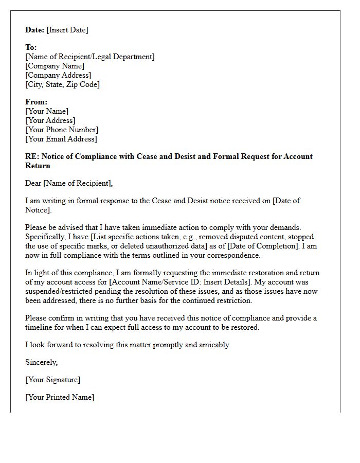 Notice of Cease and Desist Compliance and Account Return Letter