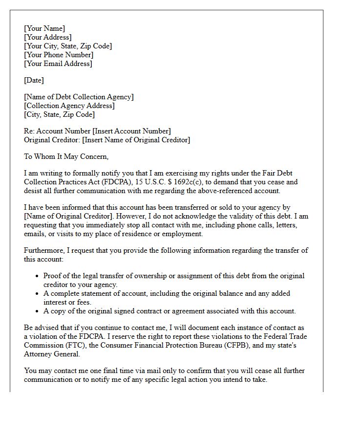 Original Creditor Transfer and Cease and Desist Notification Letter