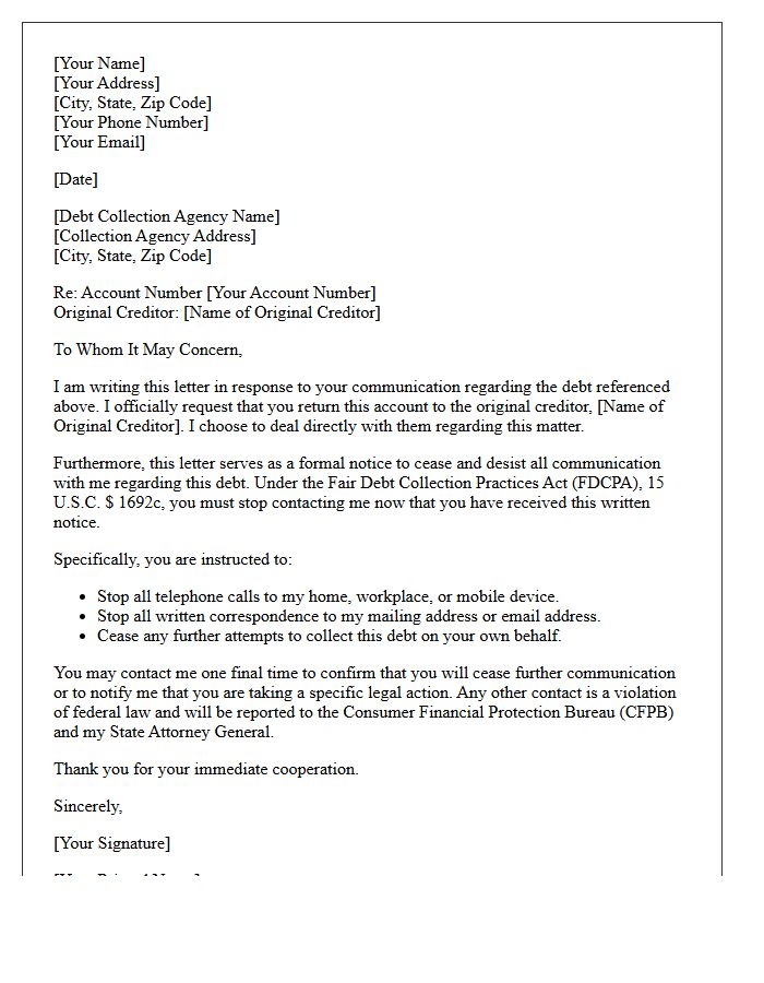 Return to Original Creditor and Cease and Desist Acknowledgment Letter