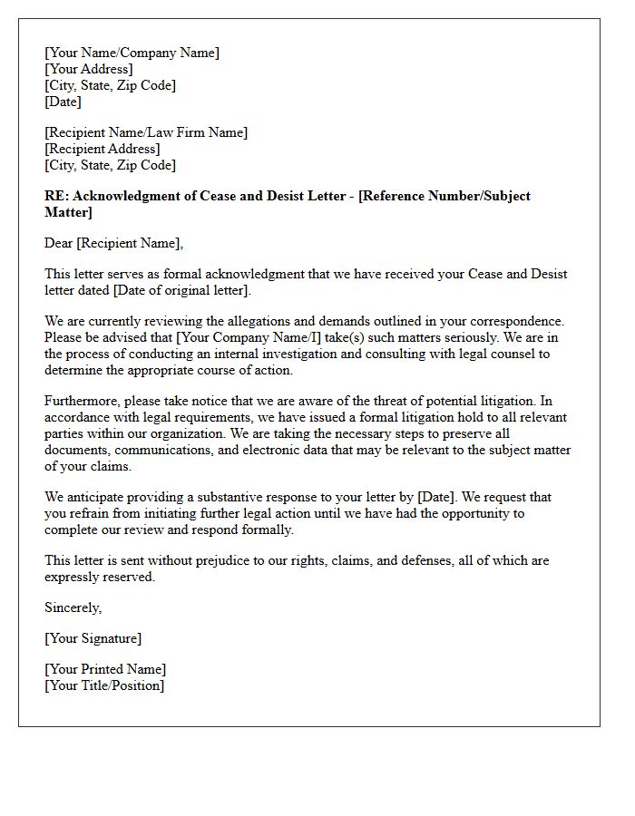 Cease and Desist Acknowledgment and Pending Litigation Notice Letter